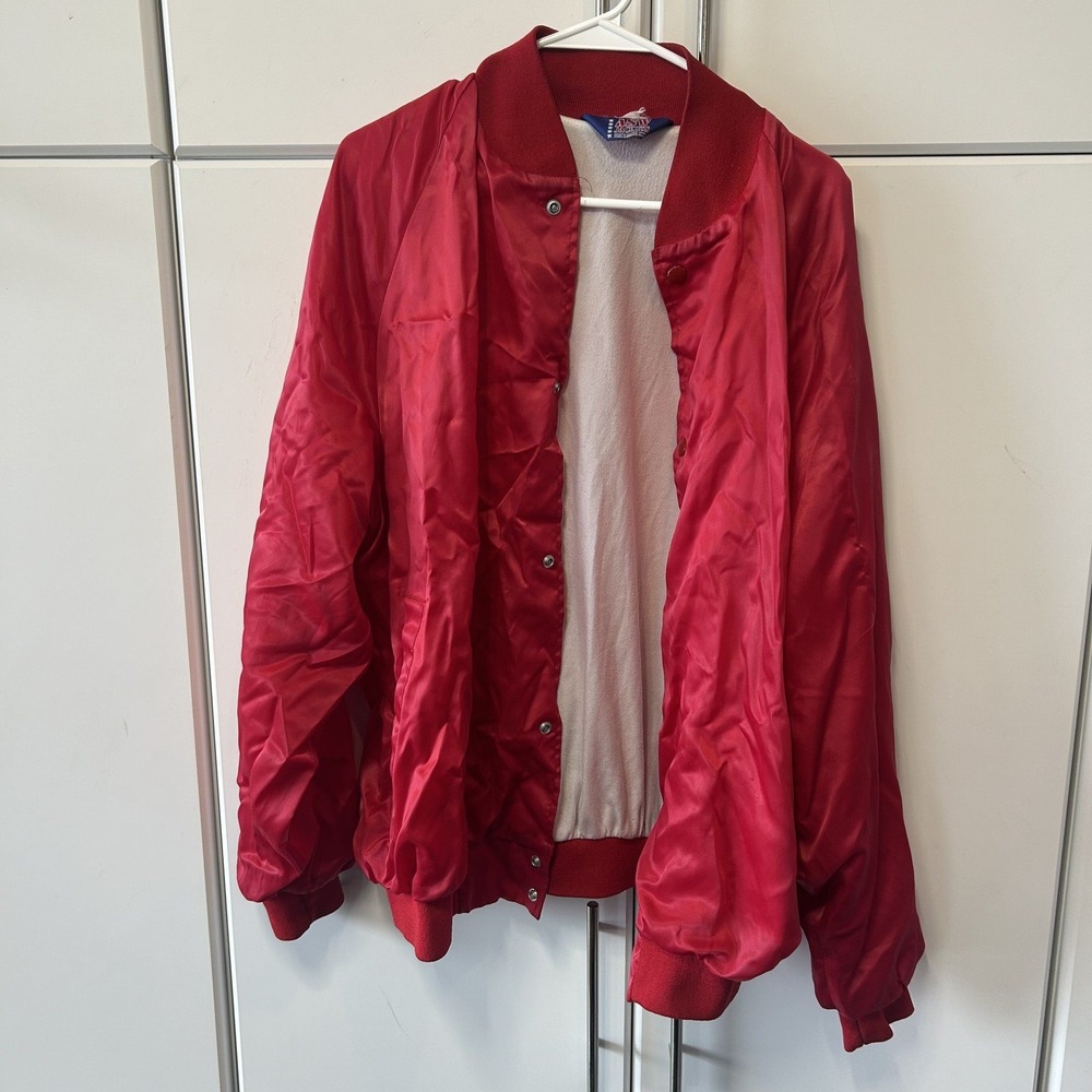 Vintage ASW Jackets Red Satin Bomber Varsity Snap Front Made in USA Mens XL